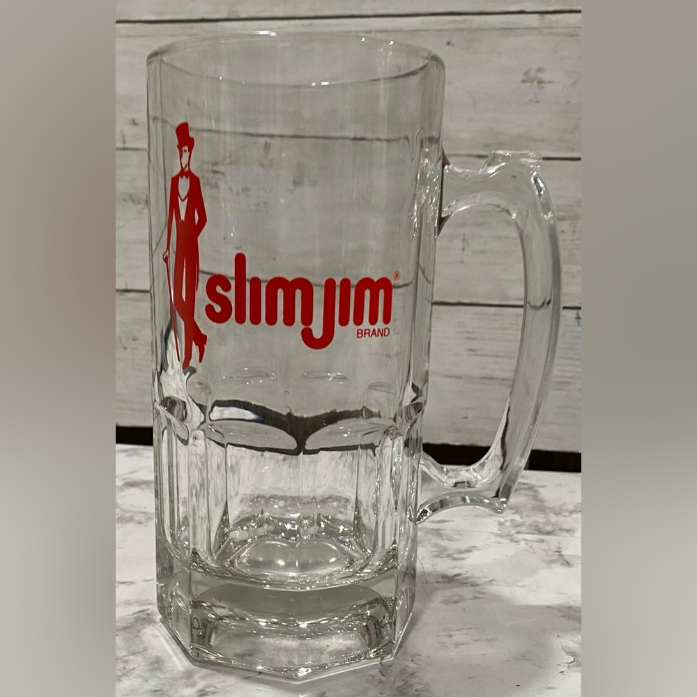 Vintage Slim Jim Glass Beer Glass Mug 1 Liter 80s Heavy Red Logo